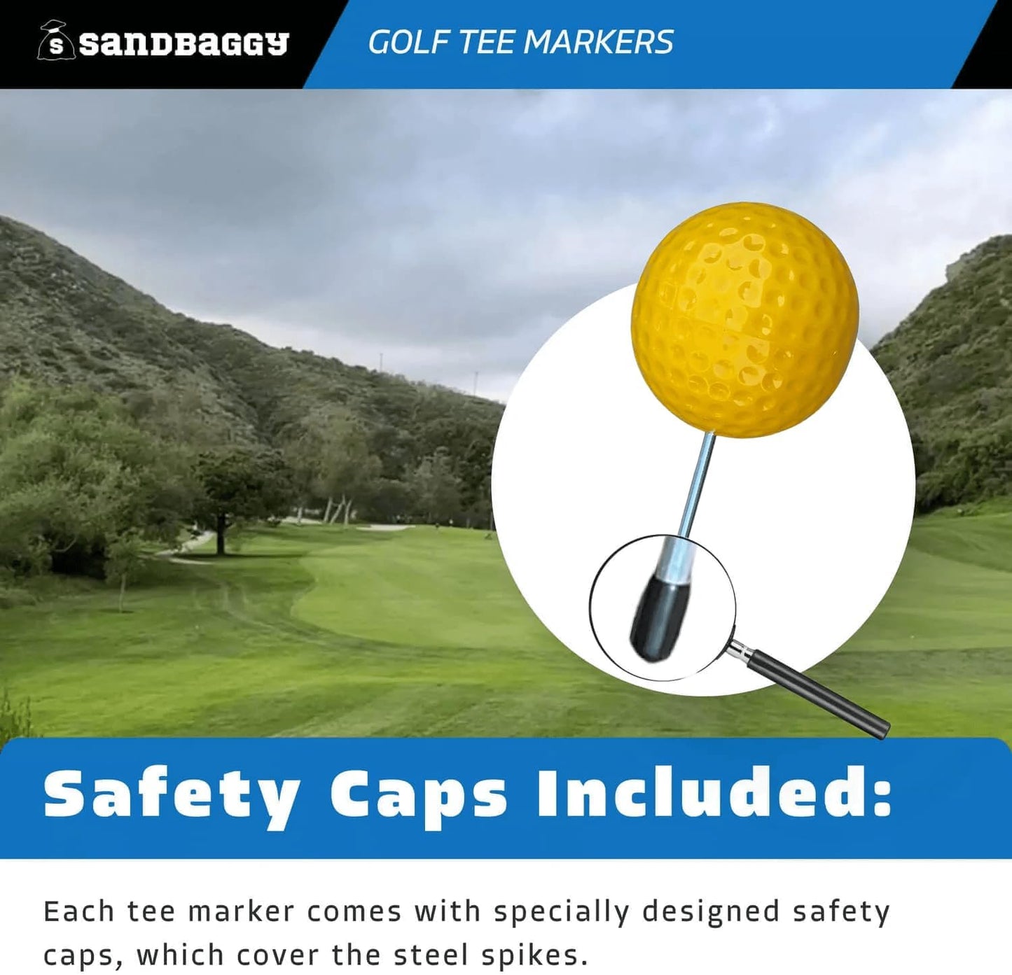 Sandbaggy Plastic Tee Markers for Golf Course (UV Resistant) - Steel Spike - Safety Caps Included