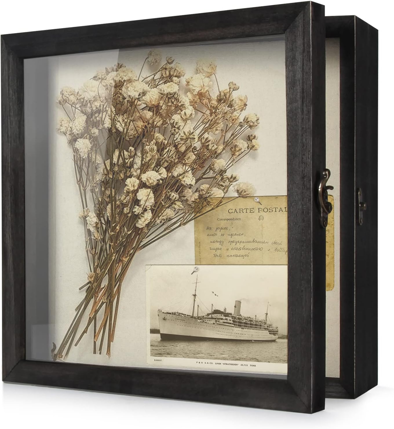 TJ.MOREE Flowers Shadow Box Display Case Large Shadow Box Frame with Glass Window Door Picture Frame Wedding Bouquet Memorabilia Medals Photos Memory Box for Keepsakes - (Rustic Black, 12 x 12 )