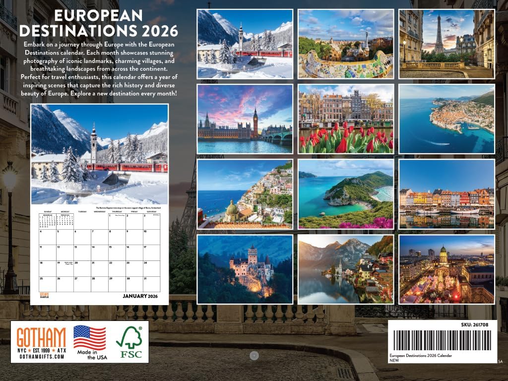 Europe Calendar 2026 European Destinations Travel Monthly Wall Calender 12 Month | American Made In The USA