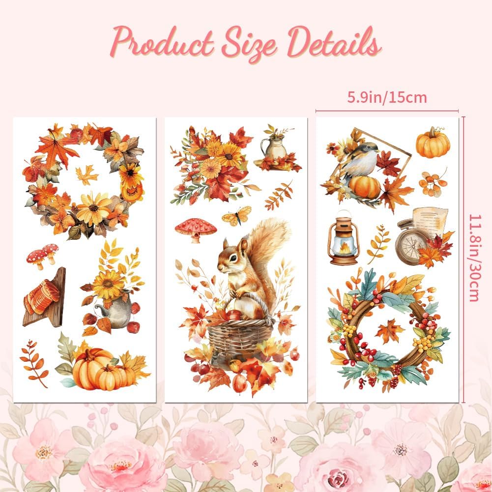 Peacoblue Rub on Transfer Decals for Furniture Crafts 6"x12", 3Pcs Hello Autumn Elements Waterproof UV DTF Transfer Decals Sticker for Dresser Lingerie Chests Drawer Glass Porcelain Wood