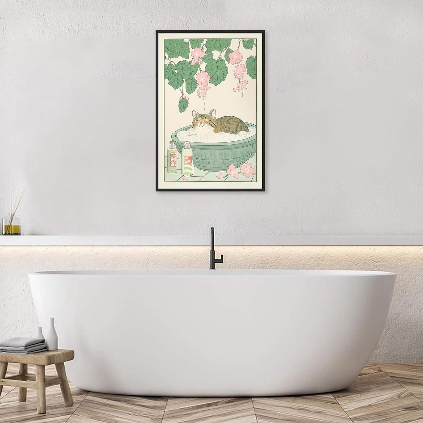 Vintage Tabby Cat in The Bathtub Posters Funny Bathroom Wall Art Cute Animal Lover Canvas Prints Japanese Aesthetic Neutral Minimalist Wall Decor for Dorm Restroom 24x36in Framed