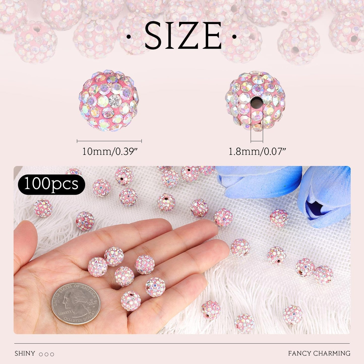 100pcs 10mm Rhinestone Beads for Jewelry Making, Pink AB Shiny Round Shamballa Disco Beads Bulk, Sparkle Crystal Clay Christmas for Bracelet Baseball Necklace Earring Crafting and DIY