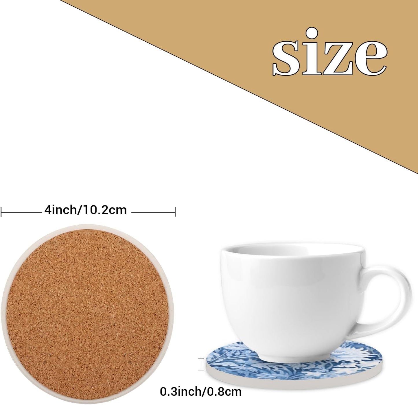 Ceramic Coasters for Drinks with Cork Back, Cyan White Floral 4 Inch Absorbent Coaster Set 1 Pack, Quick Dry Non-Slip Coaster Mats for Home, Office, Bar