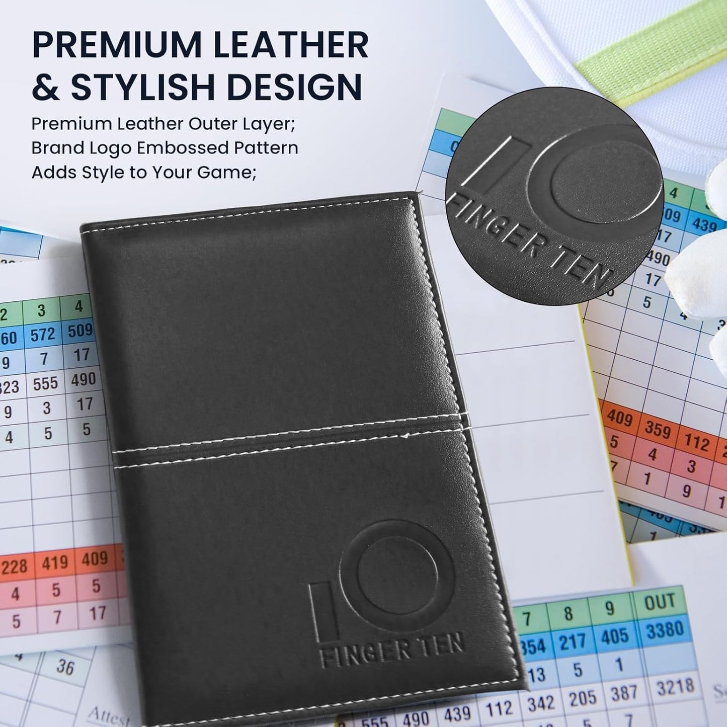 FINGER TEN Golf Scorecard Holder Leather Yardage Books Cover Lucky Clover with 2 Free Pencil Value Pack Deluxe Pocket Score Card Covers Gift for Men Women Golfer