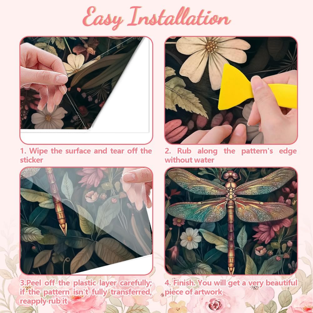 Peacoblue Rub on Transfer Decal Sticker for Furniture Craft Decor 6"x12" Vintage Dragonfly and Flowers, 3Pcs Waterproof UV DTF Transfer for Drawer Dresser Glass Porcelain Wood Plastic Window
