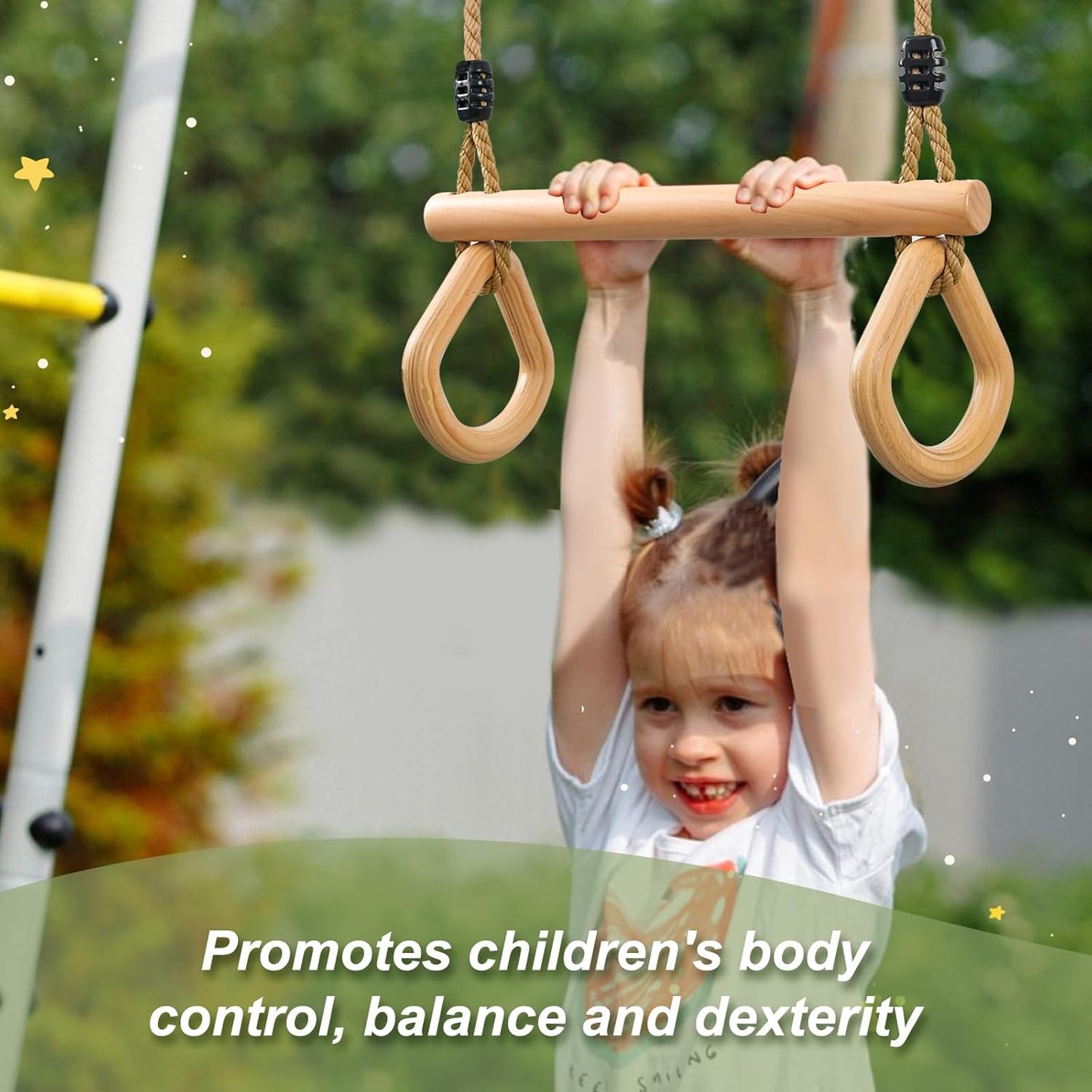 YAERSI Children's Trapeze Swing Bar with Wooden Gym Rings,Trapeze Bar for Swing Set （Water Drop）
