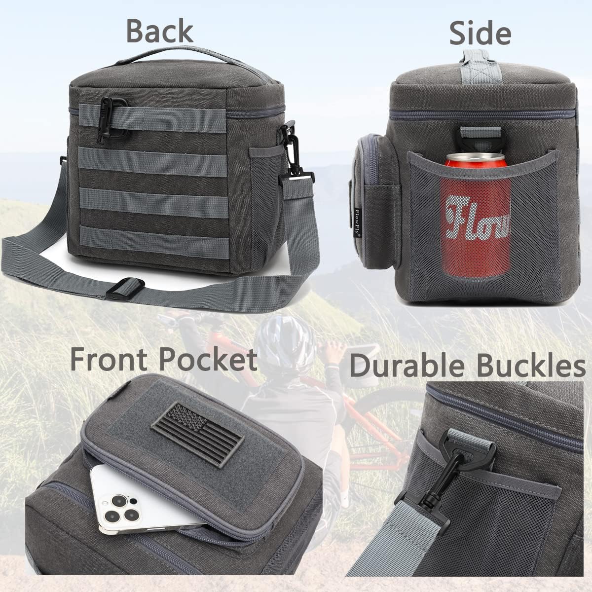 FlowFly Lunch Bag, Insulated Cooler, Thermal Lunch Box Tote with MOLLE/PALS Webbing, Adjustable Padded Shoulder Strap, for Tactical Men Women Adults and Boys Girls Kids (Navy, Medium)