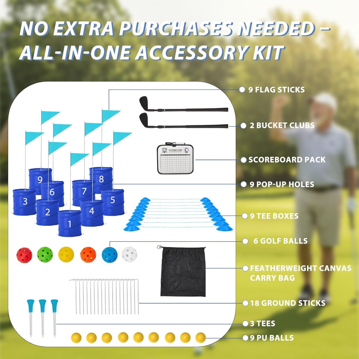 Bucket Yard Golf Game with Clubs 9 Hole Set Portable Low Tide Golf Game for Beach Backyard Lawn with 2 Golf Outdoor Indoor Golf Chipping Games for Adults Family Club Party (Blue, 9 Bucket)