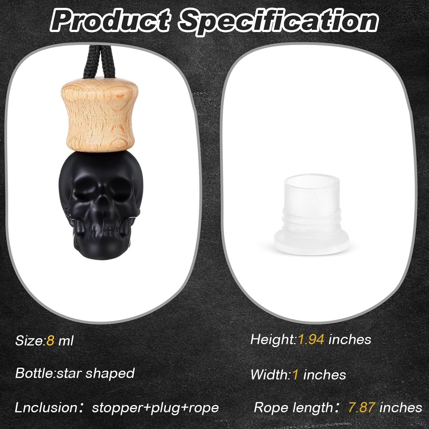 BBTO 50 Pcs Hanging Car Air Freshener Black Car Diffuser Bottles Empty Glass Perfume Bottle Freshener Diffuser Bottle Pendant for Essential Oil Fragrance Aromatherapy Bottle Ornament (Skull Head)