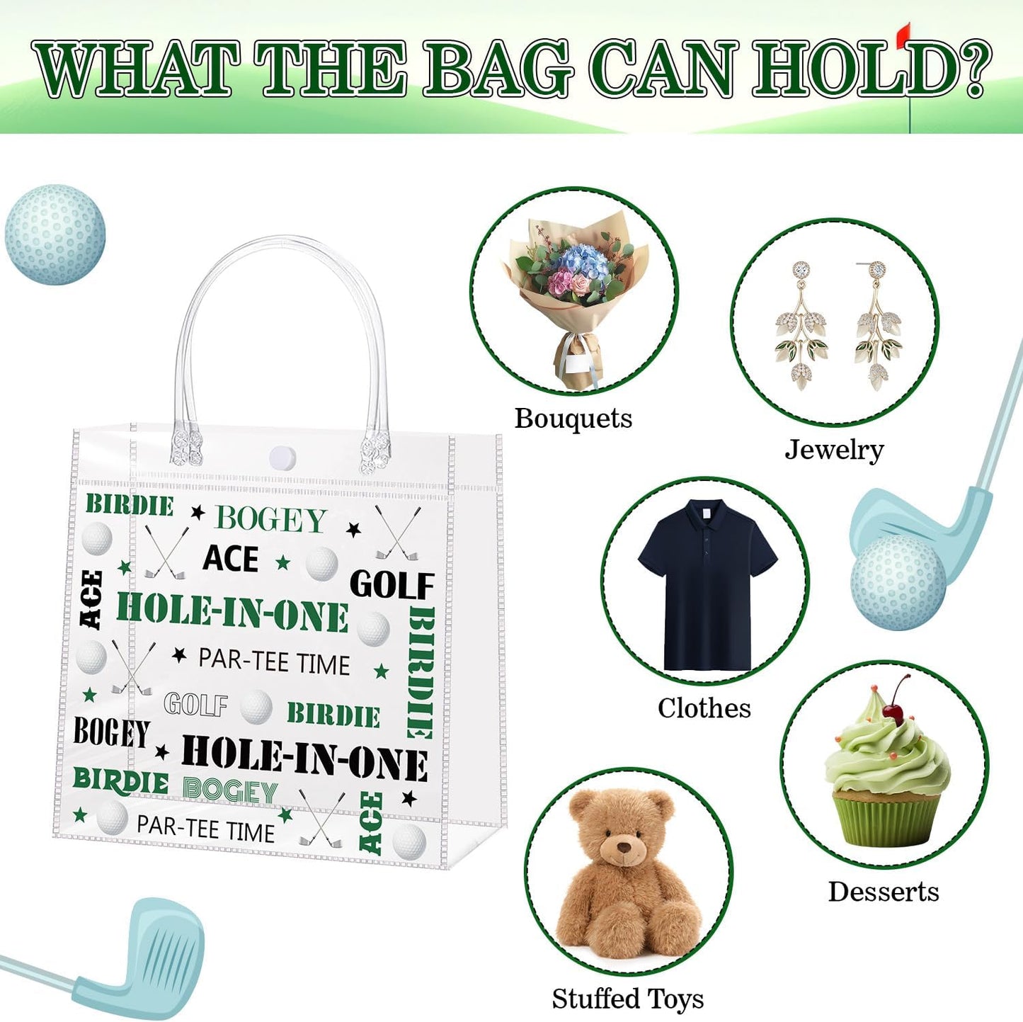 Liobelon 24 Pieces Golf Clear PVC Gift Bag with Handles Transparent Golf Goodie Bags 8 x 8 x 3.2Inch Sport Theme Party Favor Bag for Birthday Holiday Sports Team