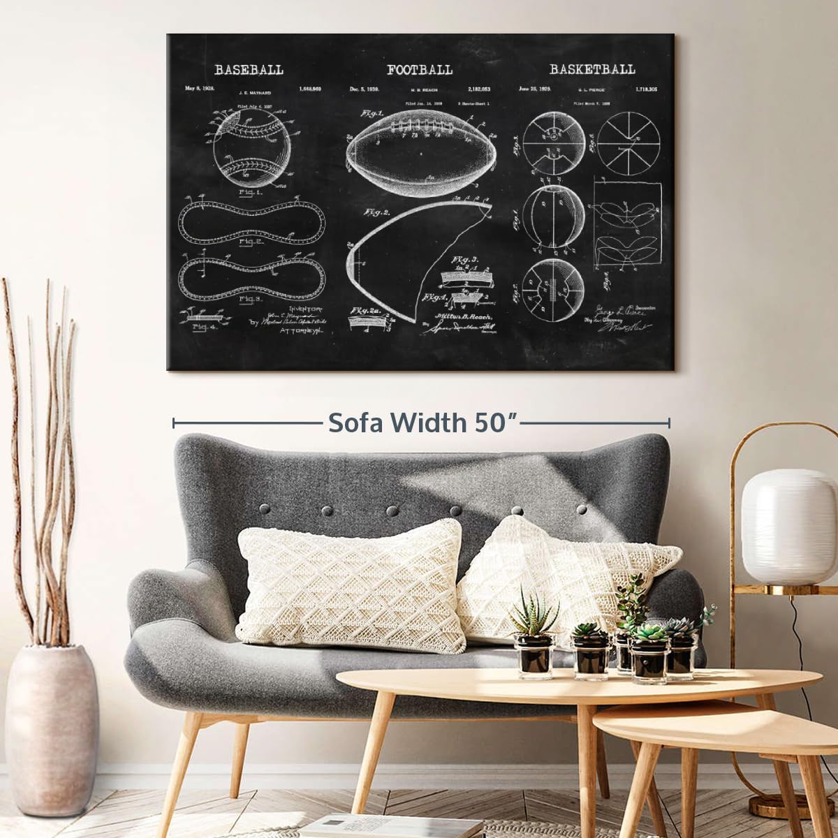 ElephantStock Sports Balls Compilation BW Patent Canvas - 1 Panel Patent Wall Art Decor - Sports Decorations for Boys Room - Wall Art and Office Decor - 51" X 34"