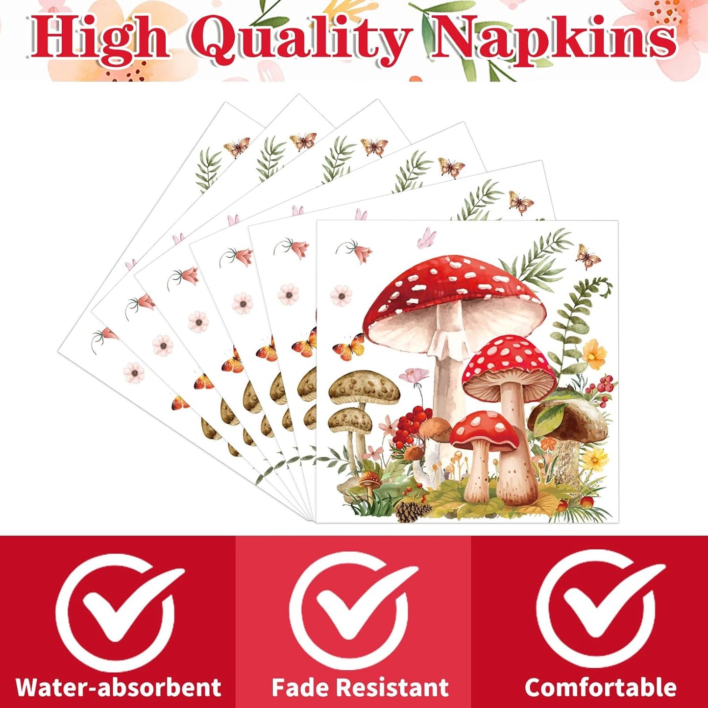 Mushroom Party Napkins Decorations, 50PCS Forest Mushroom Theme Decor, Fairy Tale Party Disposable Paper Napkins Set Supplies Size 6.5 Inch