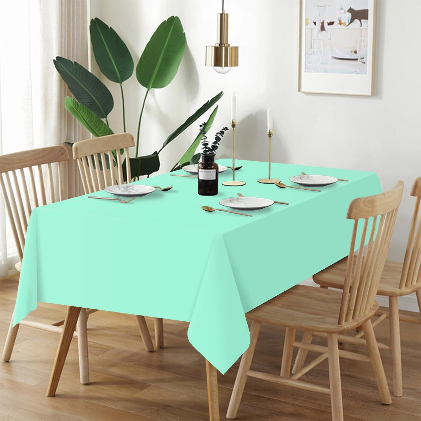 QIKSION Plastic Table Cloth Disposable 3 Pack, 54 x 108 Inch Tablecloths for Rectangle Tables, Fresh Mint Plastic Table Cover