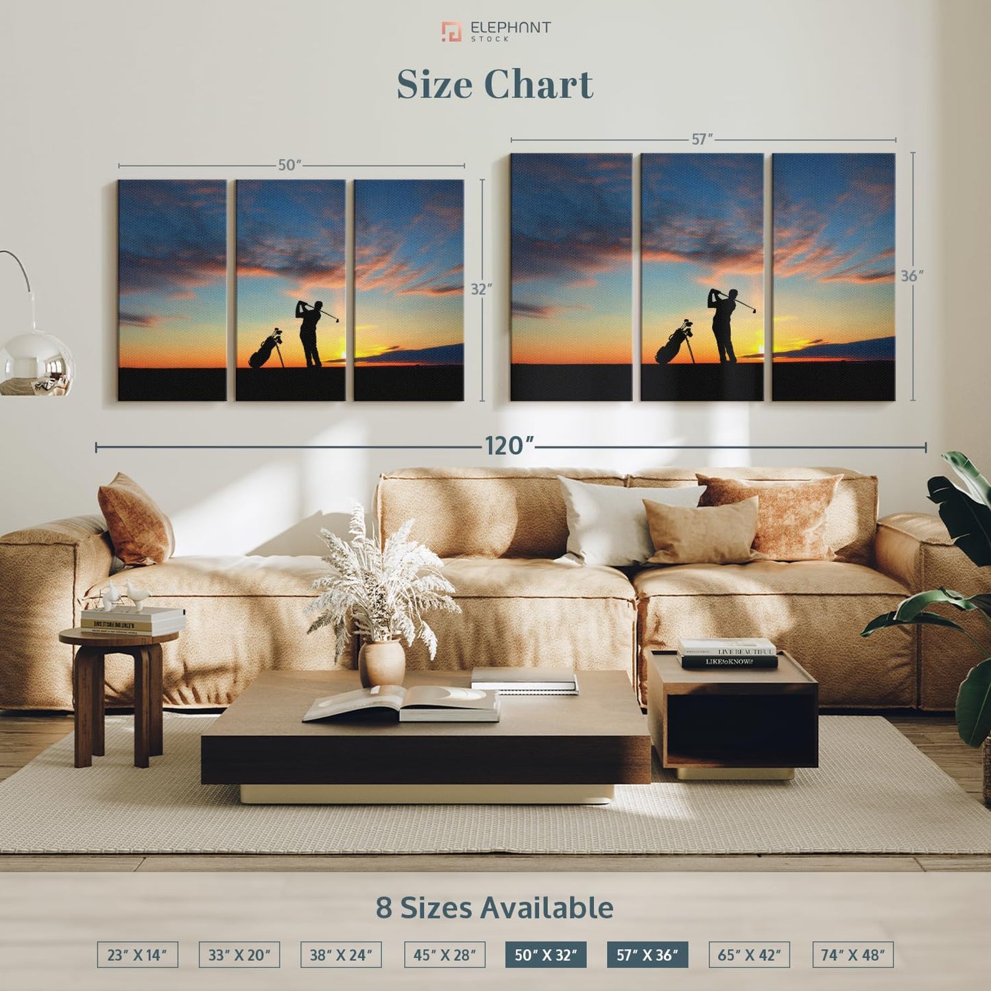 ElephantStock Golfing At Sunset Wall Art - Horizontal Canvas - 3-Piece Living Room Wall Decor - Golf Photography Canvas Print - Black and Orange Decor for Wall - 50" X 32"