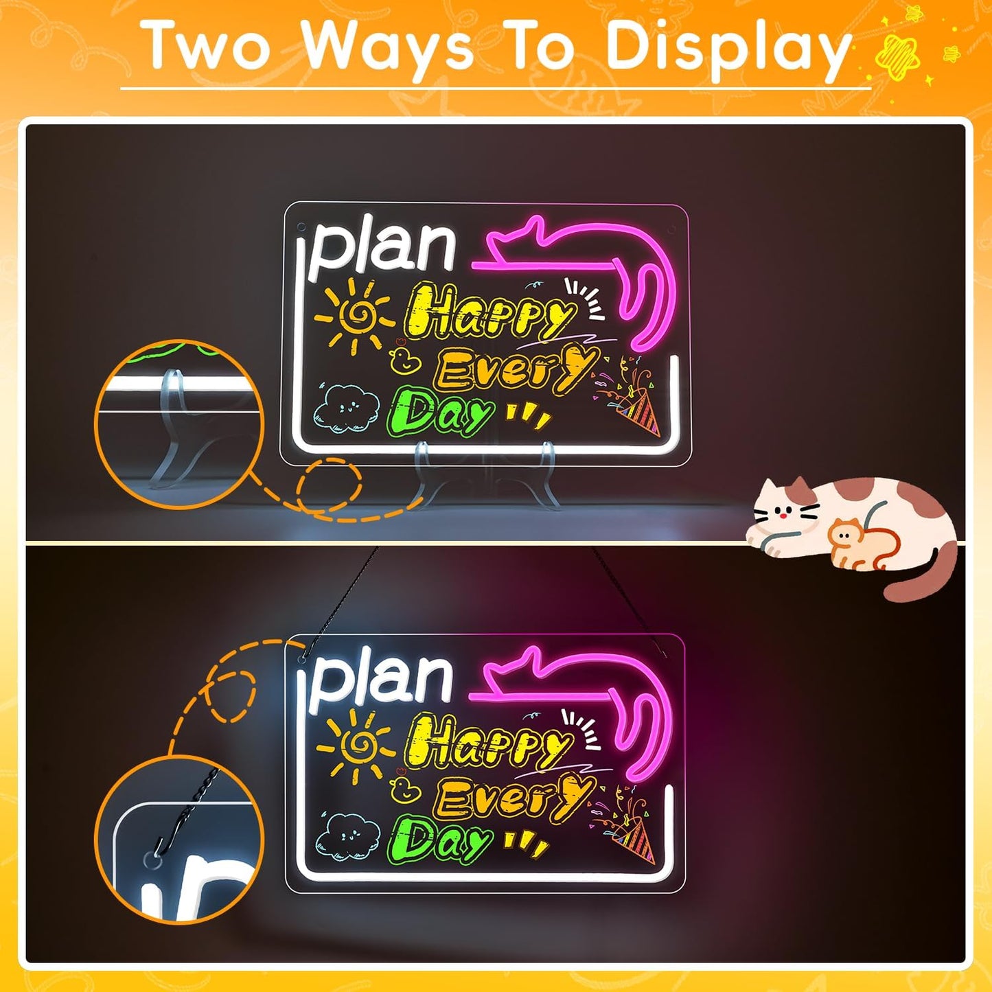 NOSUN Cat Kid LED Note Board 14.6 * 9.5” Acrylic Dry Erase Light Up Message Board with Chain and Stand for Kids With 7 Color Markers TO DO PLAN Glow Rewritable Memo Drawing Writing Board FARE PIANO