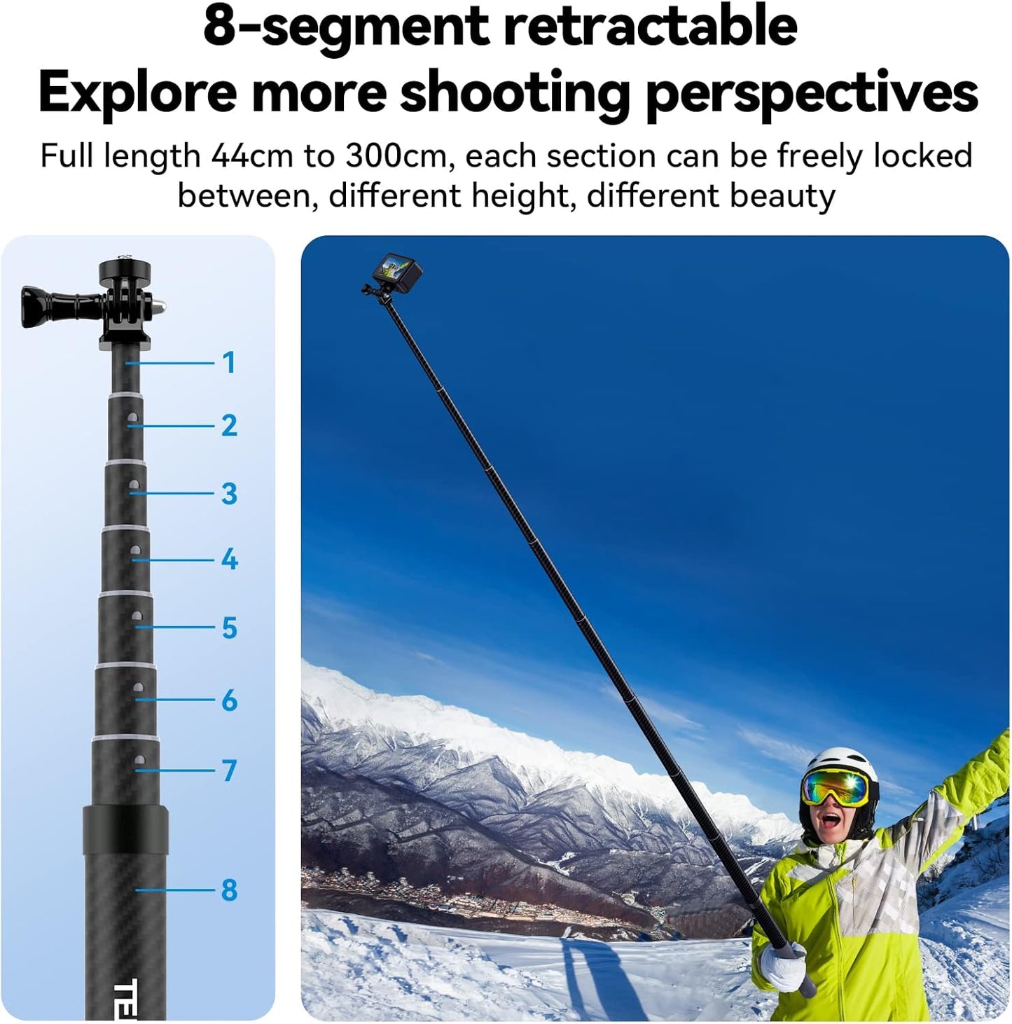 TELESIN G3 Selfie Stick Pole Long Invisible (118"/3M), Carbon Fiber Waterproof Underwater Monopod for GoPro Max 13 12 11 10, Insta360 X3 X4 X5 Ace Pro, DJI Osmo 360 Action Pocket AKASO Bike Motorcycle