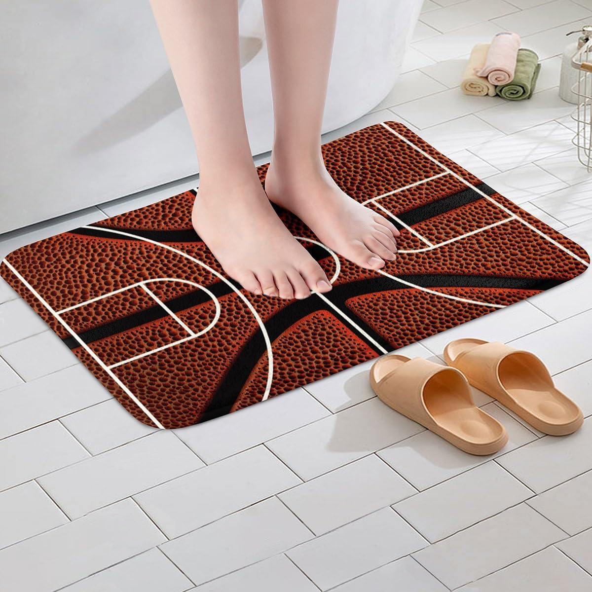 Feelyou Basketball Non Slip Bath Mat Basketball Court Print Soft Fleece Door Carpet for Kids Boys Girls Ball Sports Games Polyester Bath Rug Orange Basketball Bathroom Floor Indoor Doormat,20x32 Inch