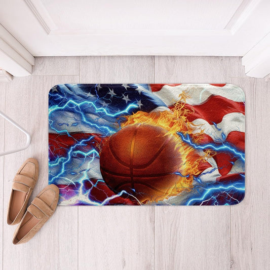 Feelyou 3D Basketball Soft Fleece Door Carpet Retro USA Flag Polyester Bath Rug for Kids Boys Girls Ball Games Sports Non Slip Bath Mat American Flag Bathroom Floor Indoor Doormat,16x24 Inch