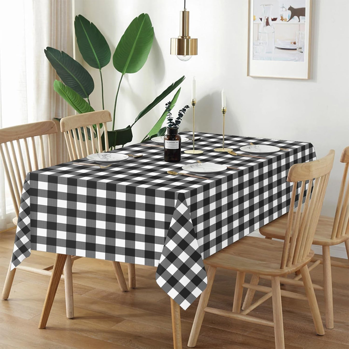QIKSION Black Gingham Tablecloth Disposable 3 Pack, 54 x 108 Inch Black and White Checkered Table Cloth for Rectangle Tables, Plastic Table Cover