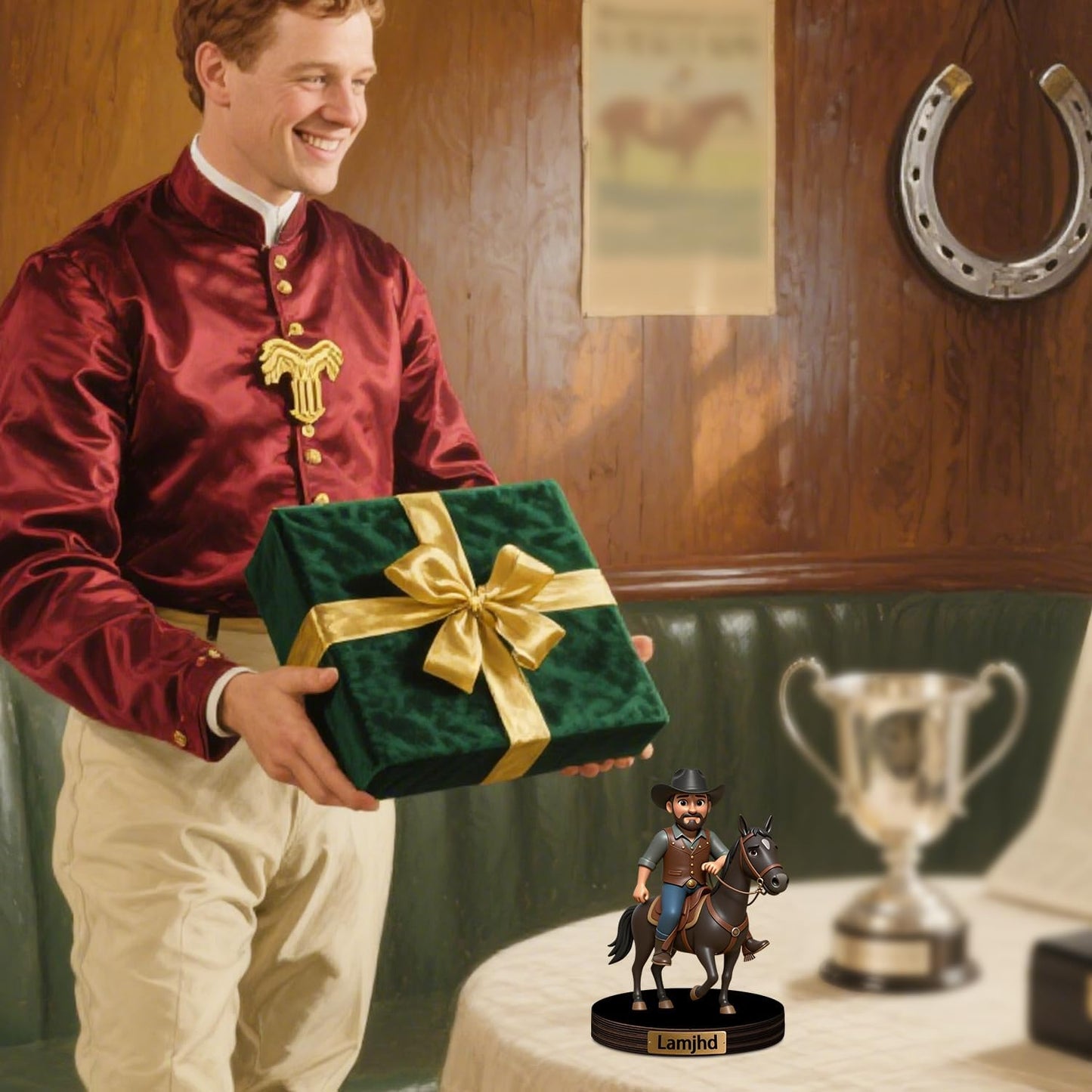 Personalized Horse Racing Cartoon Photo Sculpture Ornament Custom Name 2D Acrylic Horse Rider Photo Figurine Desk Decor Gift for Men Women Family Race Horses Lover Birthday Xmas (Style 6)