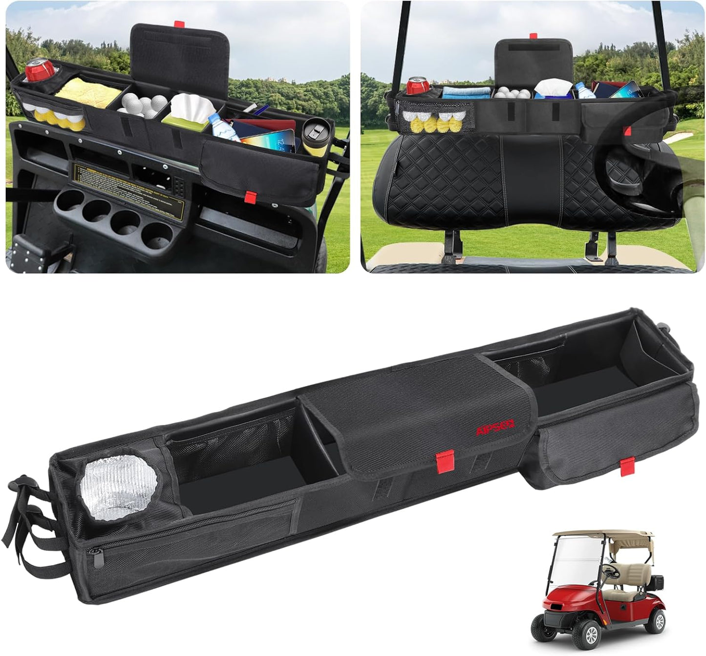 Golf Cart Storage Basket No Drilling Front Inner Basket w/Insulated Cup Holder, Dash Tray Organizer Compatible with EZGO Club Car Yamaha, 1680D Waterproof Oxford, No Affect Windshield