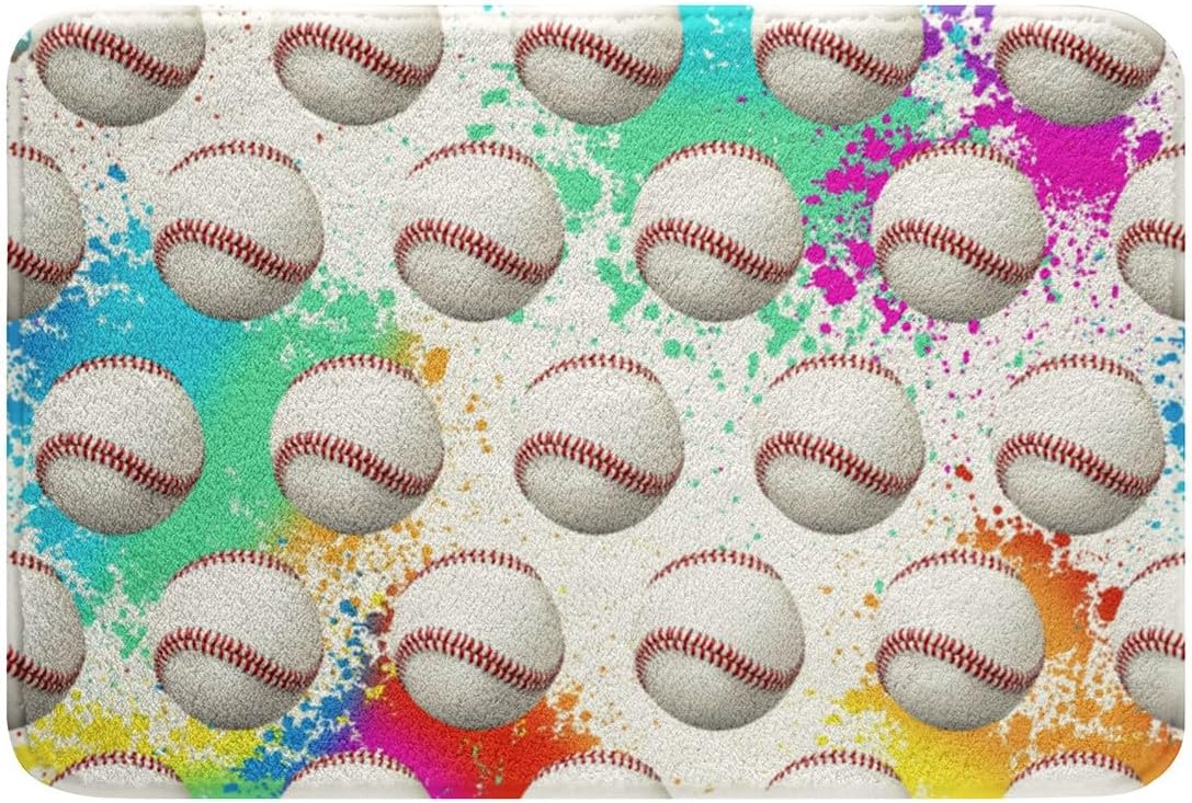 Feelyou Boys Baseball Polyester Bath Rug Ball Games Themed Soft Fleece Door Carpet for Kids Boys Girls Rainbow Graffiti Non Slip Bath Mat Ball Gaming Bathroom Floor Indoor Doormat,16x24 Inch