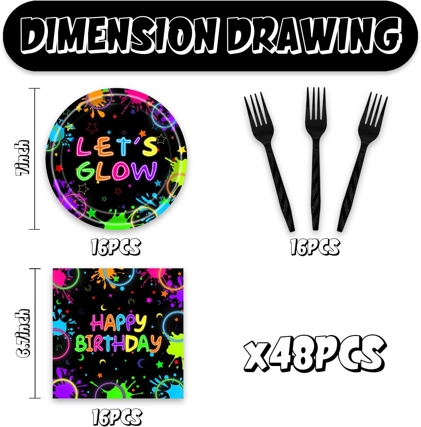 Neon Party Decorations 48Pcs Black Not Glow Birthday Plates and Napkins Sets Glow Party Supplies for Birthday Baby Shower Decorations Serve 16
