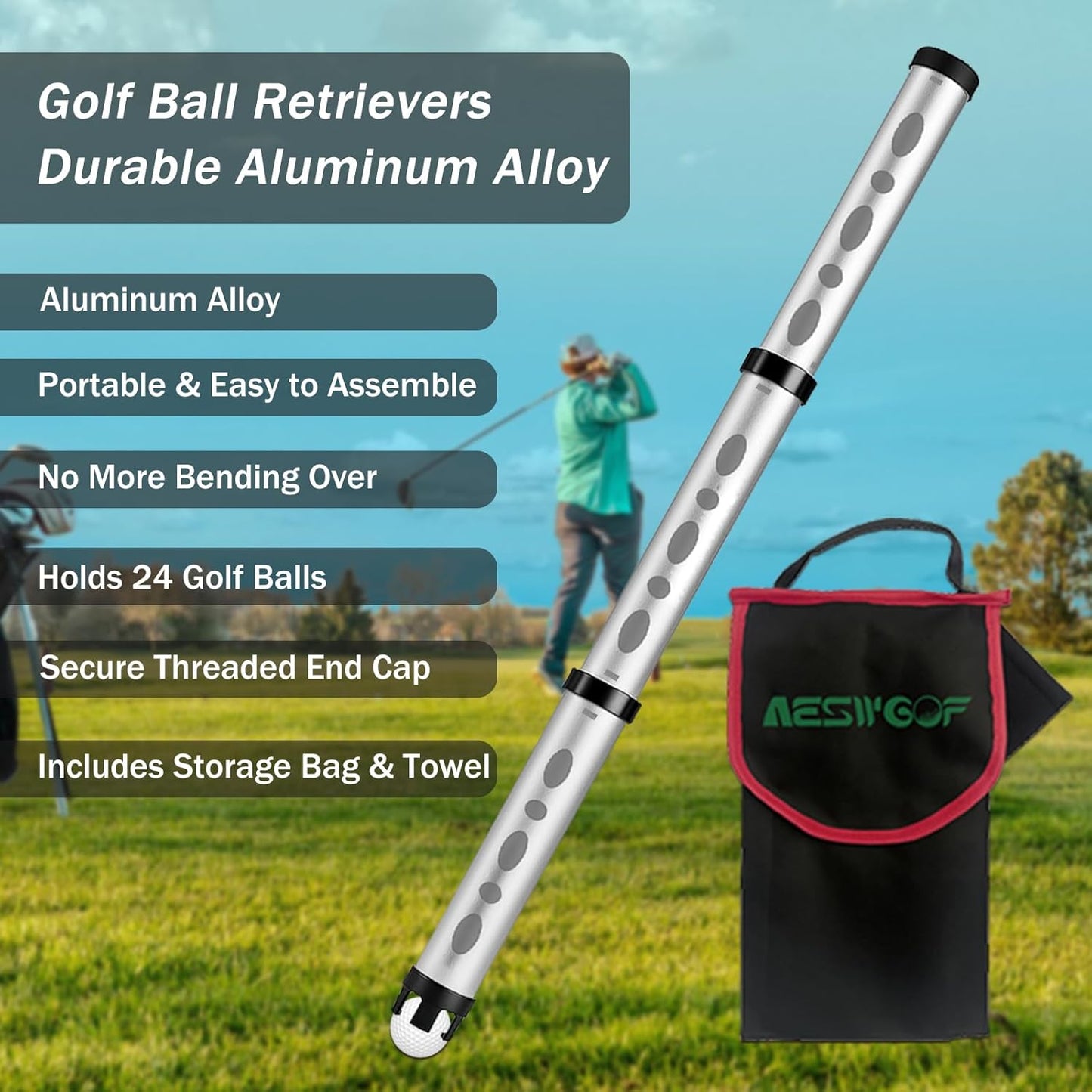 Golf Ball Picker Upper, Aluminum Golf Ball Retriever, Durable & Portable Ball Collector Tube, Holds 24 Golf Balls with Carry Bag & Ball Towel, Great Golf Gifts for Men