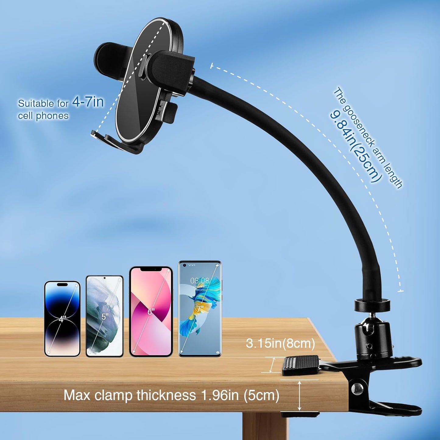 ROCKFREE Clip Phone Holder with 360° Gooseneck Arm & Auto-Locking Clamp,Short/Medium/Long Arm Options for Desk, Mic Stand, Table,Treadmill – Fits 4-7" Smartphones(Long-9.84 inch Arm)