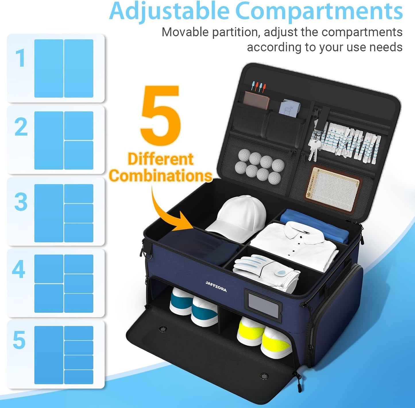 3-Layer Golf Trunk Organizer, Golfer Gifts for Men Women with Separate Ventilated Compartment for 2 Pairs Shoes, Waterproof Car Golf Locker Storage Bag for Golf Gear and Accessories,Blue