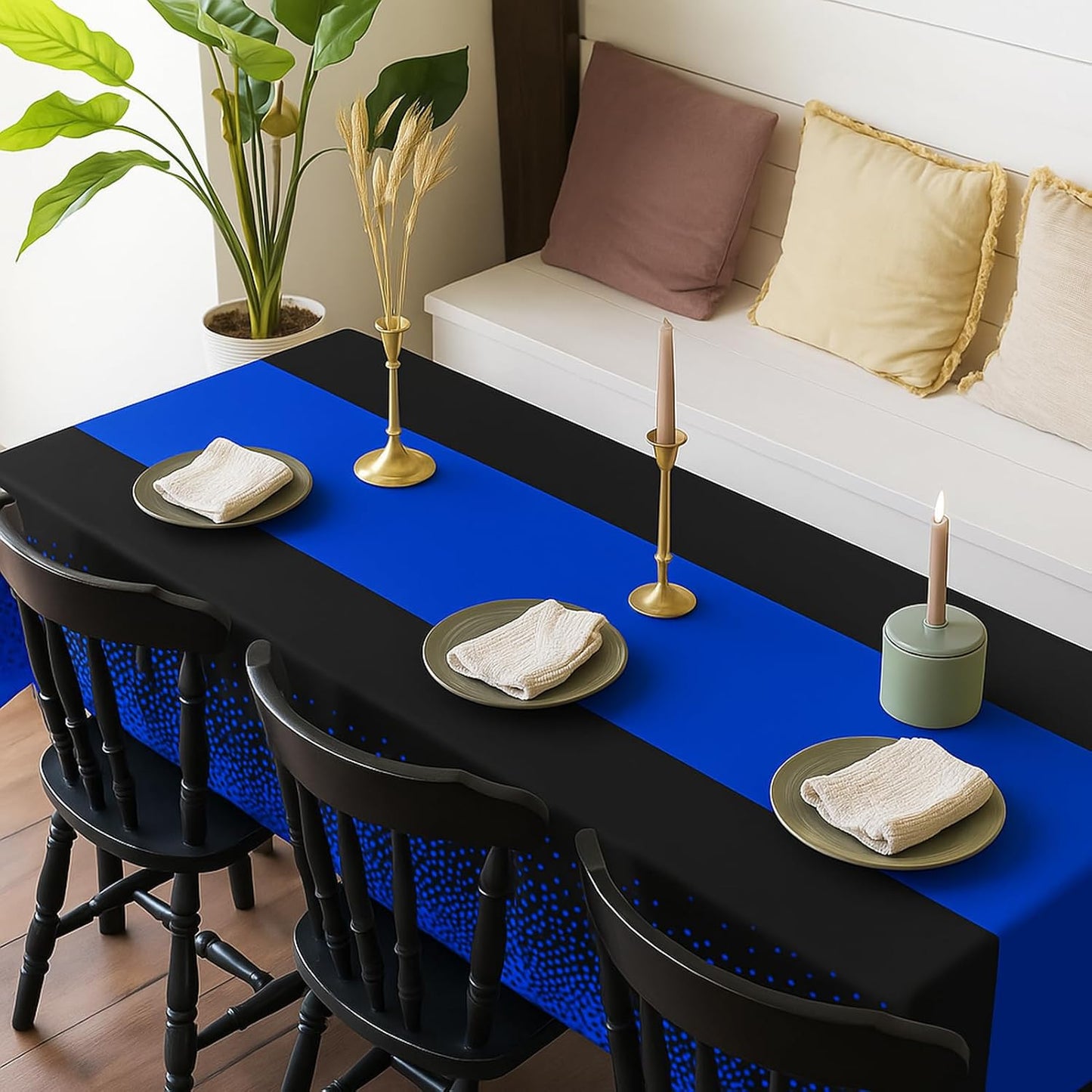 2in1 Disposable Plastic Tablecloths 54" x 108" Black and Blue Dot Kitchen Table Cloth Rectangle Table Cover for Wedding Birthday Baby Shower Anniversary Christmas Graduation (Black/Blue, 8 Pack)