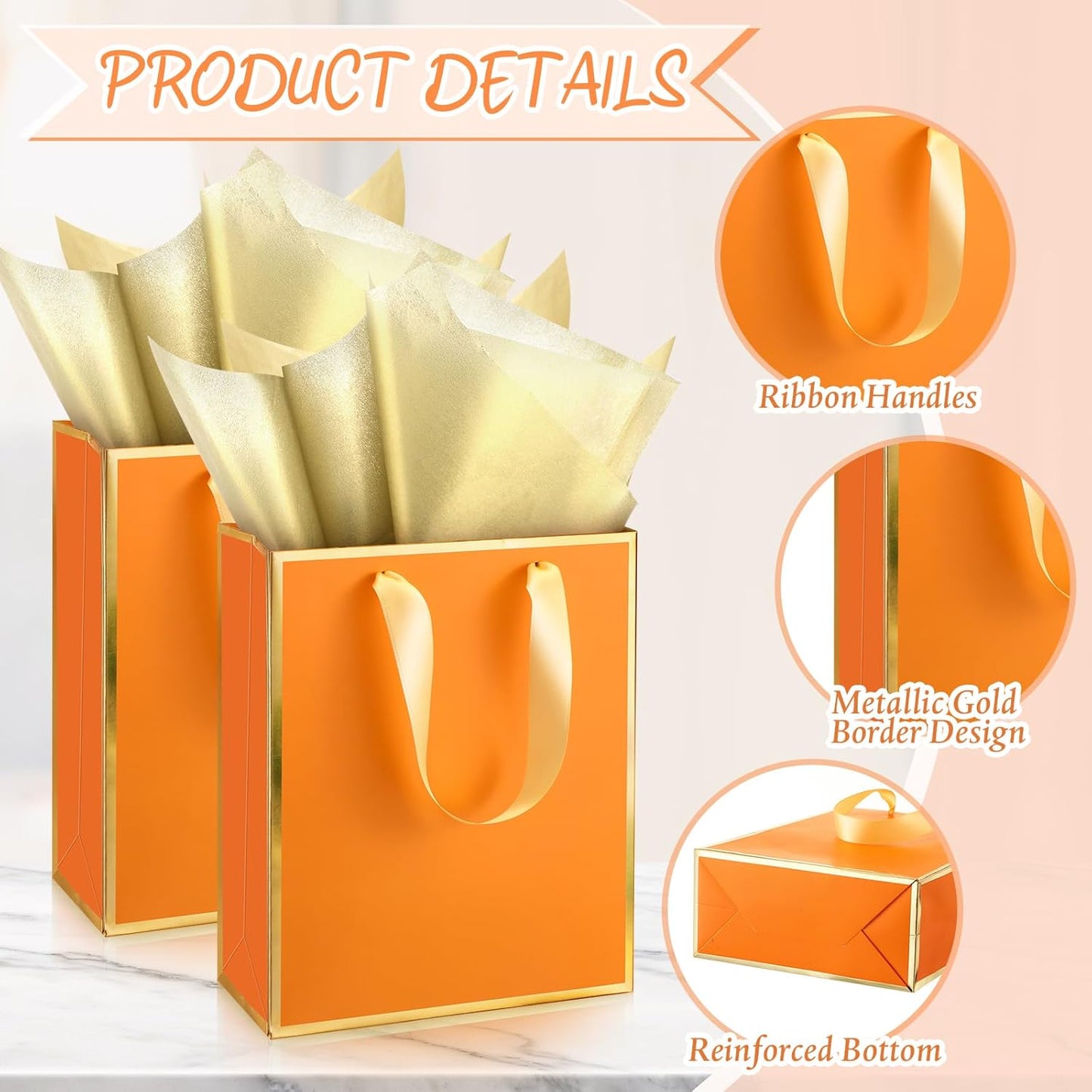 Yeaqee 24 Pack Metallic Paper Gift Bags with Handle and Tissue 9x7x3.1 Gold Foil Welcome Favor Bags Return Gifts for Wedding Fall 5 Senses Christmas Bridesmaid Birthday(Orange, Gold)