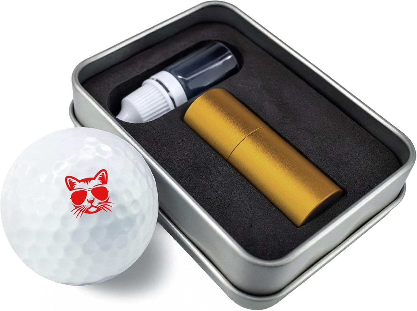 Golf Ball Marker Stamp with TiteSeal™ Technology - Cat - Metallic Box with Golf Ball Stamp + Refill Ink Bottle - Red