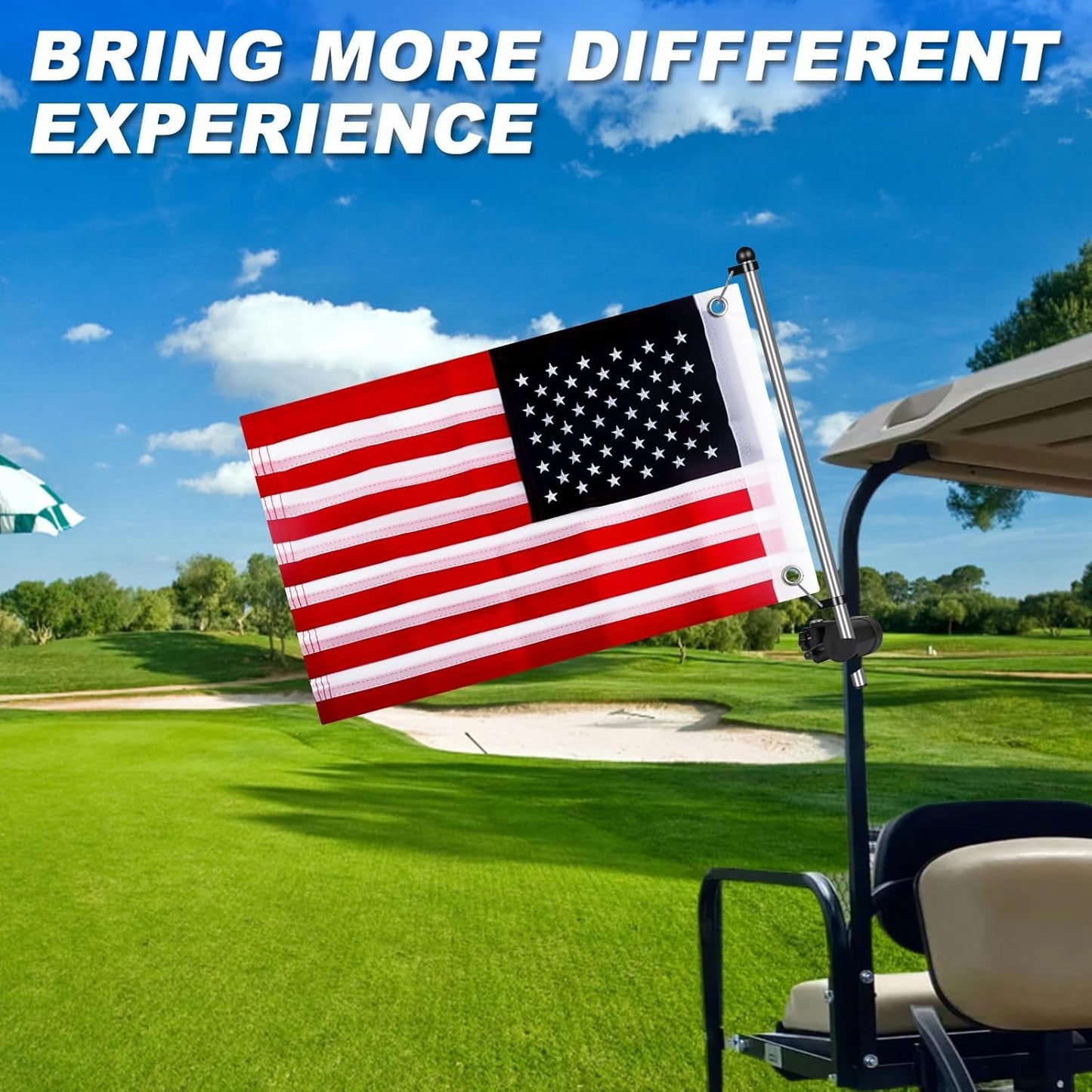 Golf Cart Flag Holder and Flag Pole Kit for Yamaha, EZGO, Club Car, Upgraded Flag Bracket for 0.59-1.18" Round/Oval/Square Rails Golf Carts, Boat, Golf Push Carts, Included USA Flag (22.8×11.4inch)