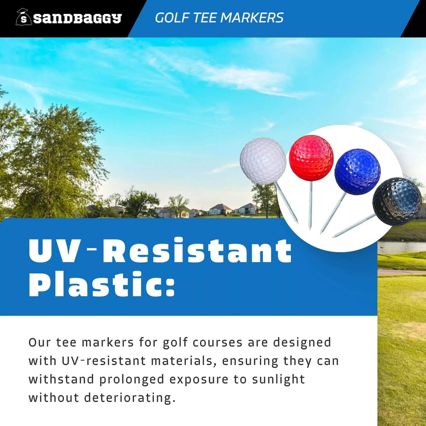 Sandbaggy Plastic Tee Markers for Golf Course (UV Resistant) - Steel Spike - Safety Caps Included