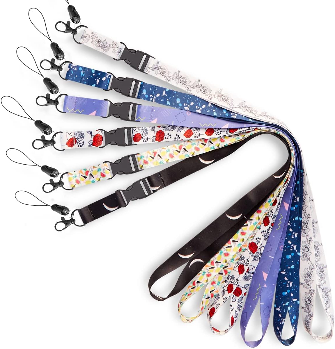 6 Pack Lanyards,White Black Roses,Black with Moon,Neck Office Cruise Lanyard For Keys Women Men ID Card Holder Waterproof