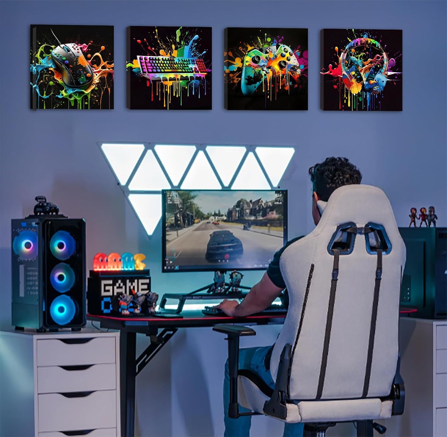 Gamer Room Decor for Boys - Game Wall Art Graffiti Gamepad Earphone Canvas Print Pictures Cool Video Gaming Poster Street Pop Men Cave Teen Bedroom Dorm Playroom Home Artwork Framed 12"X12"X4 Panels