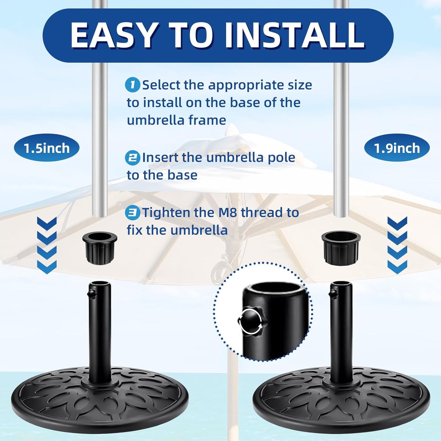 6 Pieces Set Outdoor Patio Umbrella Base Stand, Hole Ring Plug Cover and Cap Umbrella Replacement Parts with M8 Thread Replacement Hand Knob Threaded Pipe Sleeve for Outdoor Spaces, Black