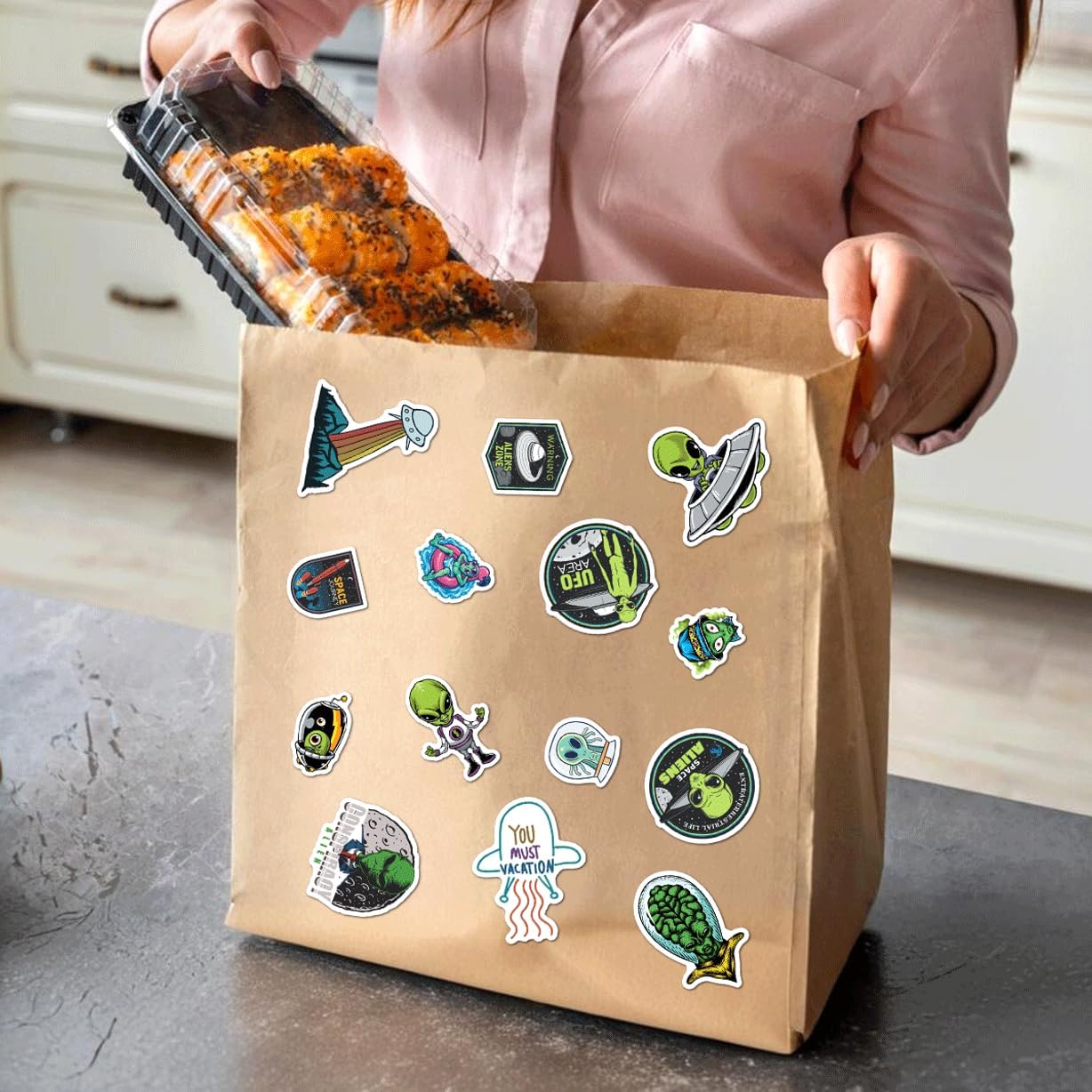 Alien UFO Space Illustration Vinyl 50pcs Stickers Pack for Kids Teens Laptop Water Bottle Skateboard Scrapbook SciFi Lovers Bedroom Hard Car Bottles Hat Adults Wall