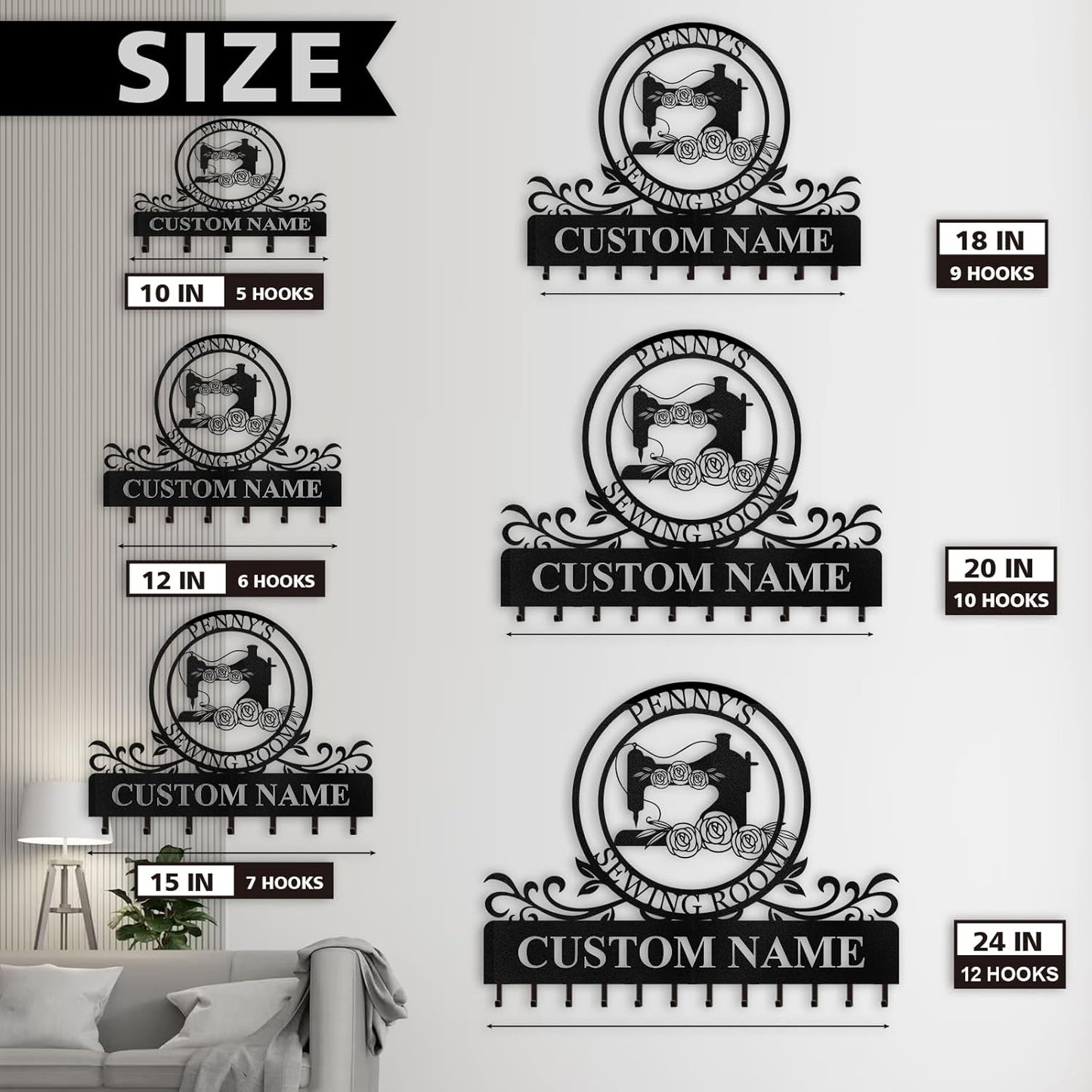 Personalized Key Holder Wall Mount - Custom Sewing Machine Design Key Hanger for Wall Art Decor, Metal Coat Rack Organizer with Hooks, Key Hanger for Bedroom Entryway Hallway, Personalized Gift