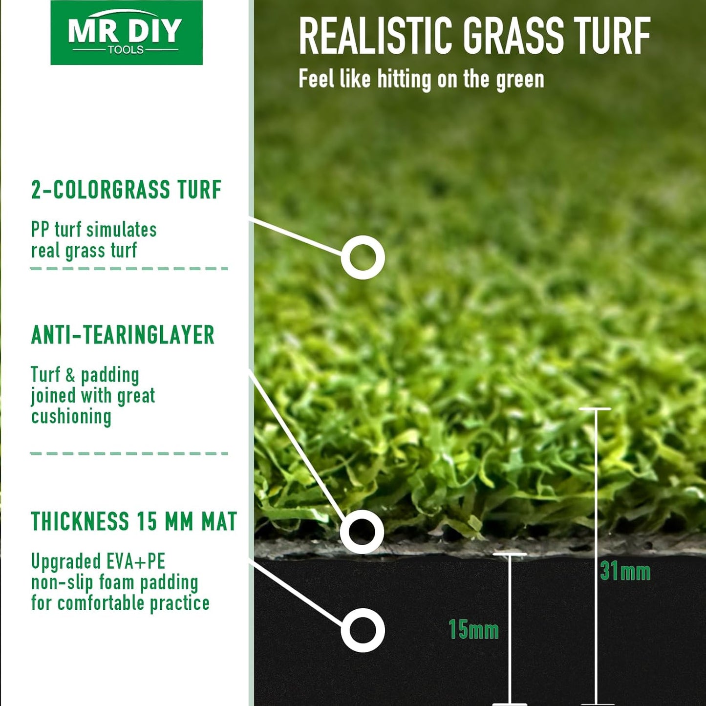 Golf Mat, 31MM 5x4ft Dense Elite Golf Hitting Mats Practice with 9 Balls, 9 Tees, PE Grass Heavy Duty Artificial Hitting Training Matt for Backyard Driving Chipping Indoor Outdoor Simulators