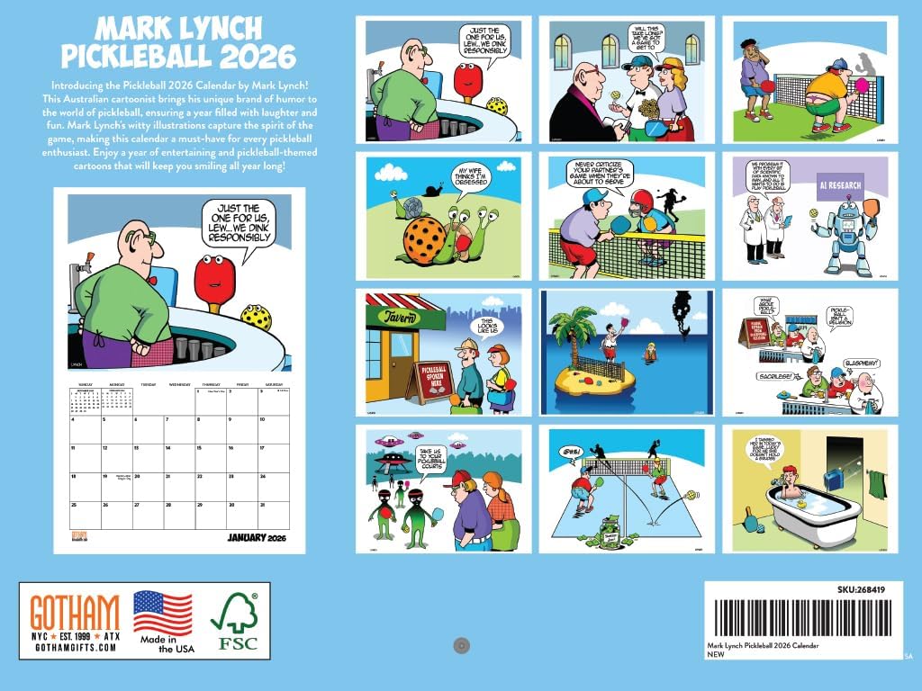 Mark Lynch Pickleball Calendar 2026 Monthly Wall Calender 12 Month | American Made In The USA