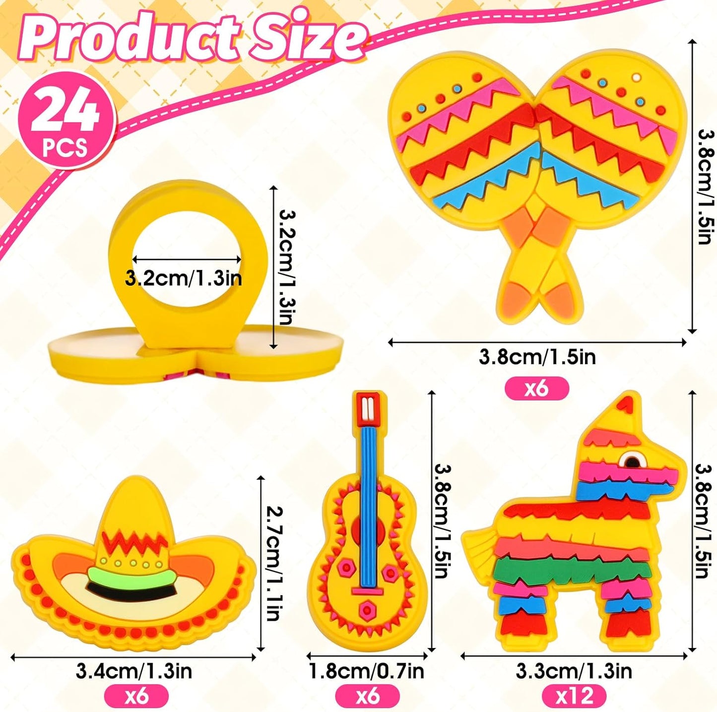 24pcs Fiesta Cupcake Ring Toppers Donkey Sombrero Guitar Cupcake Topper Mexican Theme Party Cake Decorations for Baby Shower Birthday Fiesta Party Supplies