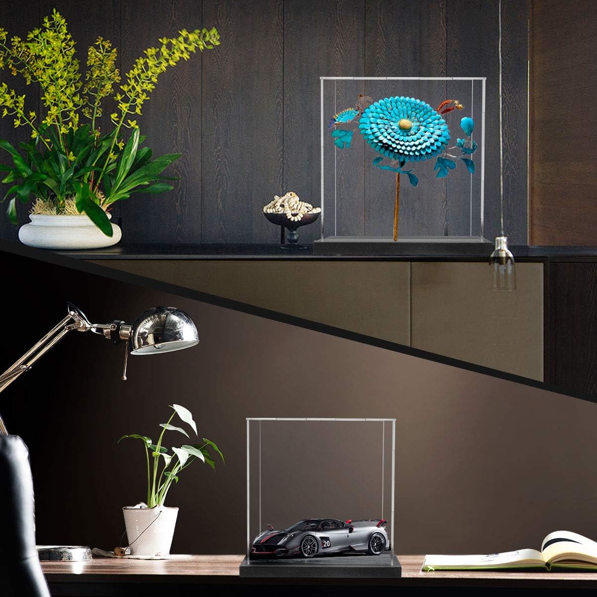 Acrylic Display Case with Navy Blue Velvet Base, Clear Acrylic Display Box with Lid, 6 Inch x 7.87 Inch Cube Countertop Box for Collectibles, Home Organization (6x6x7.87 inch)