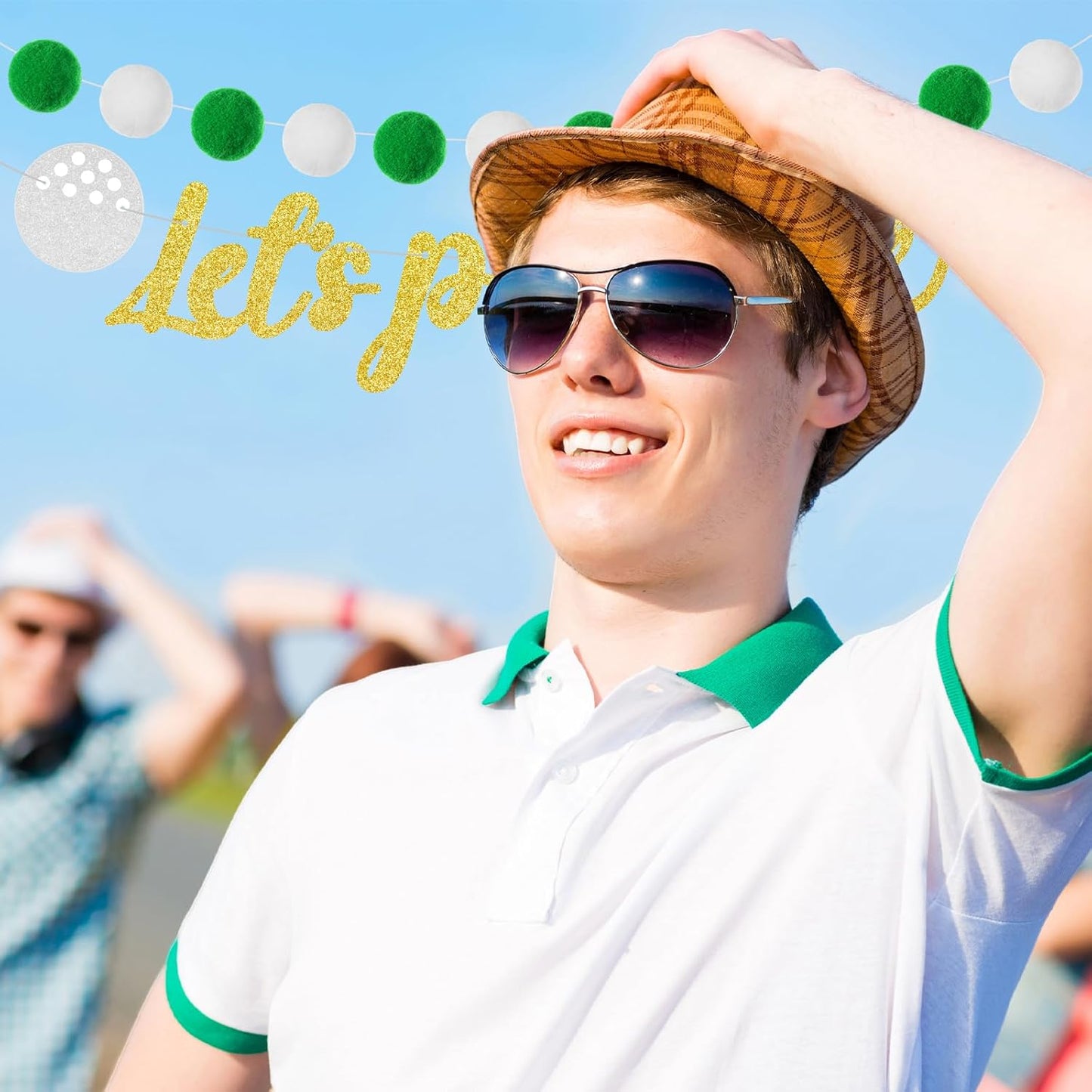 Colarr 5 Pcs Golf Themed Birthday Banner Let's Par-tee Garland Retirement Party Banner Glitter Golf Ball Club Cutouts Decorations Supplies Green Hanging Decor for Photo Props Birthday Party