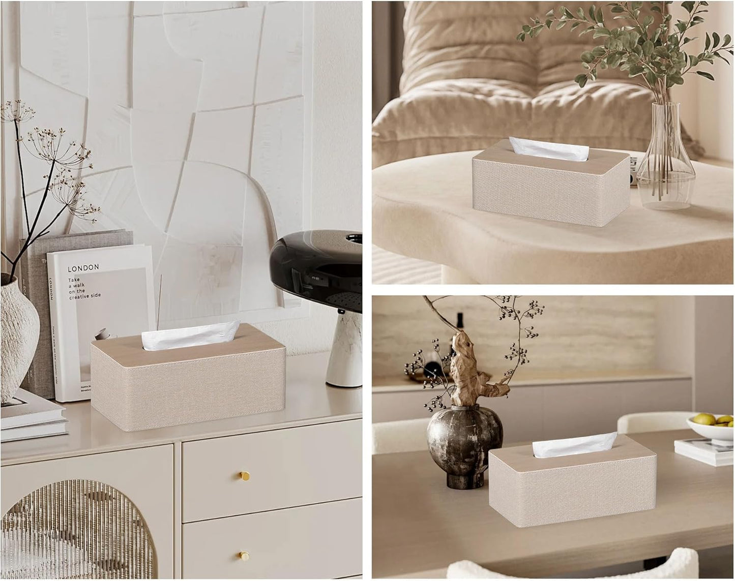 Tissue Box Cover Rectangular 9.8"(L) x 5.3"(W) x 4.3"(H) Refined Modern PU Leather Facial Tissue Dispenser Box Holder for Dresser Bathroom Decorative (Beige)