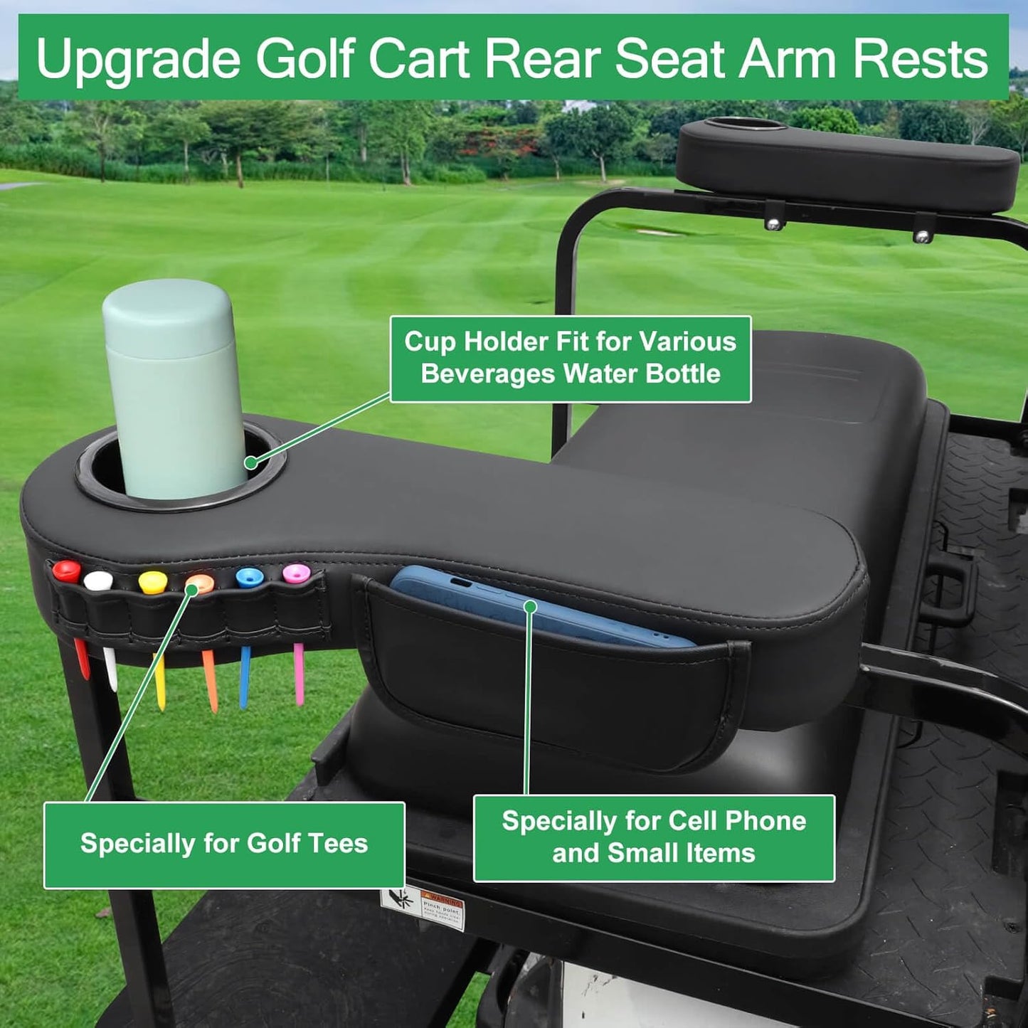 MOSNAI Golf Cart Armrest with Cup Holder for Club Car EZGO Yamaha Rear Seat 1-Inch Square Tube, Upgrade Golf Cart Armrest with Phone Storage Pouch, Upgrade Support Frame, Better Load Bearing