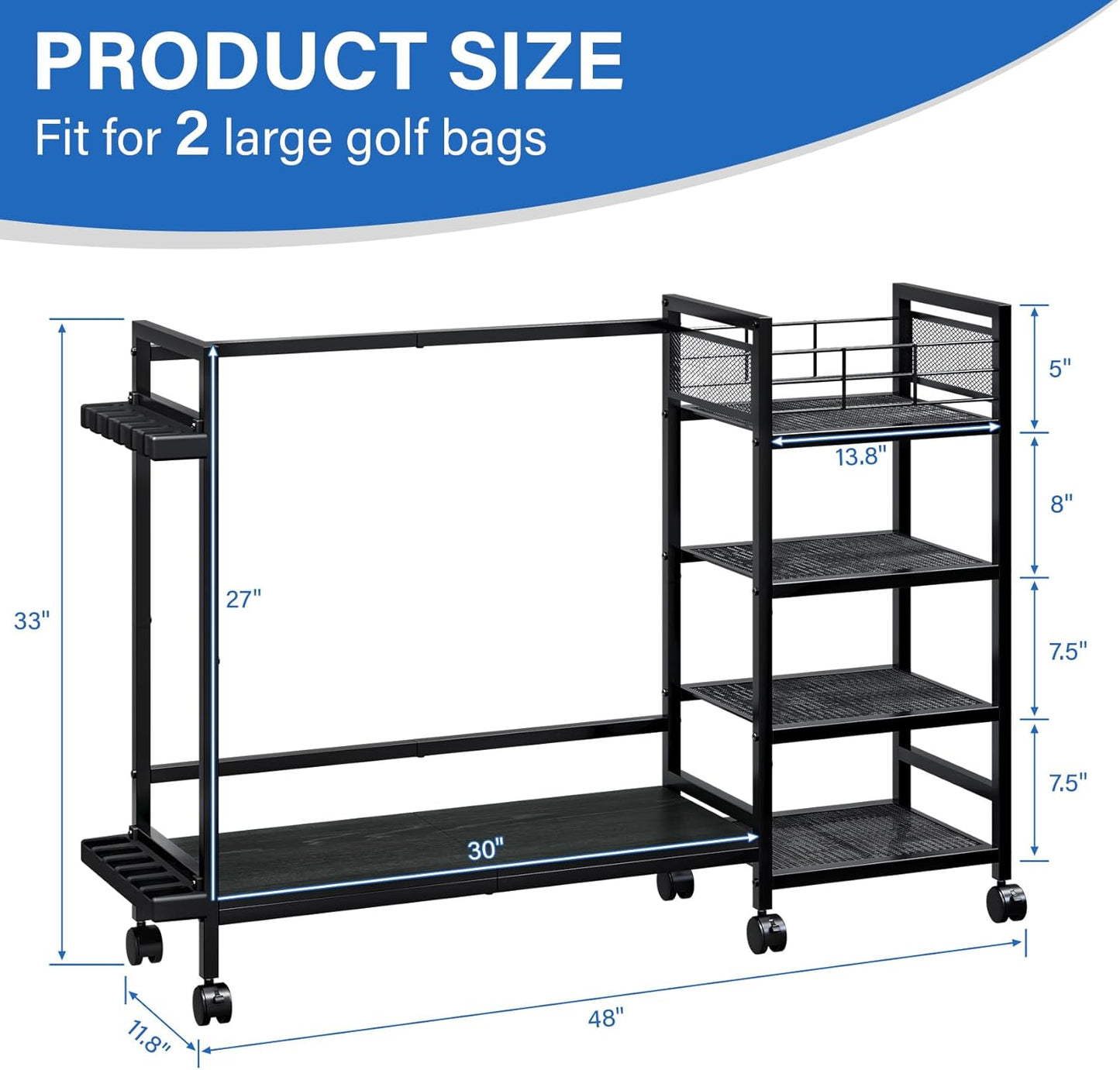 TC-HOMENY Golf Bag Storage Organizer for Garage, Golf Bag Stand with Wheels, Golf Bag Organizer for 2 Golf Bags, Golf Bag Accessories Storage Rack, Extra Golf Clubs Equipment Stand, Golf Bag Holder