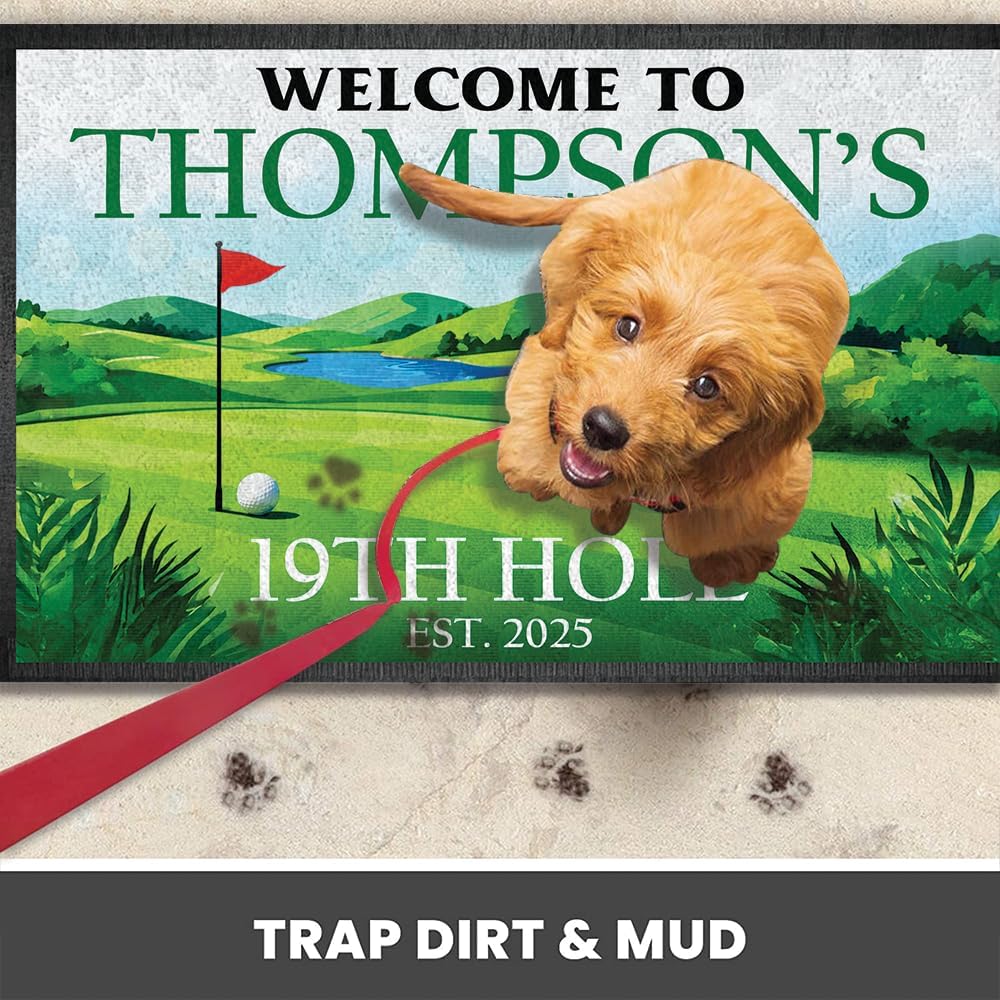 Personalized Golf Doormat – Welcome Mat 19th Hole Mat with Custom Name & Year – Non-Slip Outdoor Entrance Rug for Golf Lovers – Funny Clubhouse Patio Decor – Green Fairway Theme