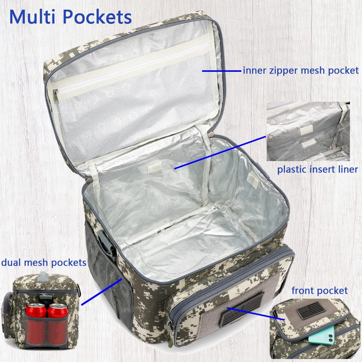 FlowFly Tactical Lunch Bag Large Insulated Lunch Box Cooler Tote for Men, Women with MOLLE/PALS Webbing (Digital#Camo, Large)